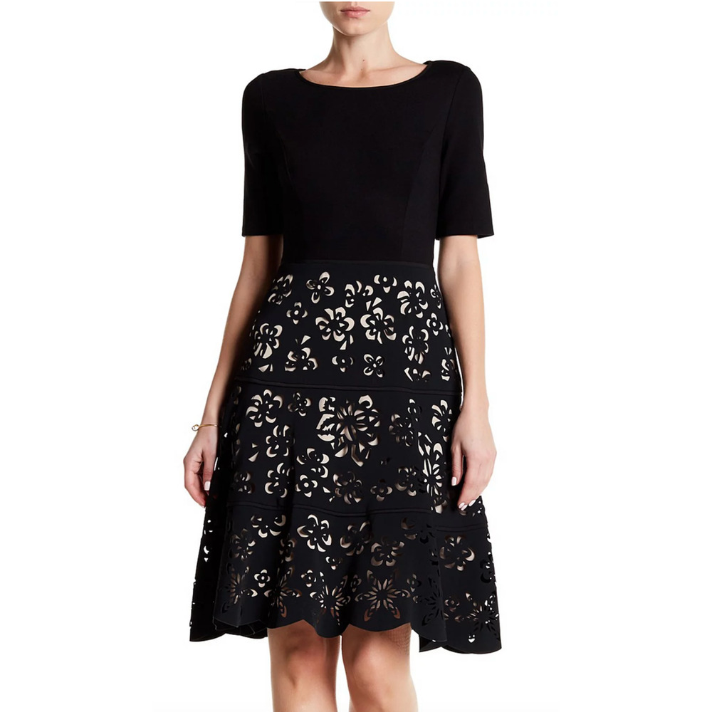 New Shani Laser Cut Ponte Knit Dress Fit & Flare Black Nude Size 10 Floral